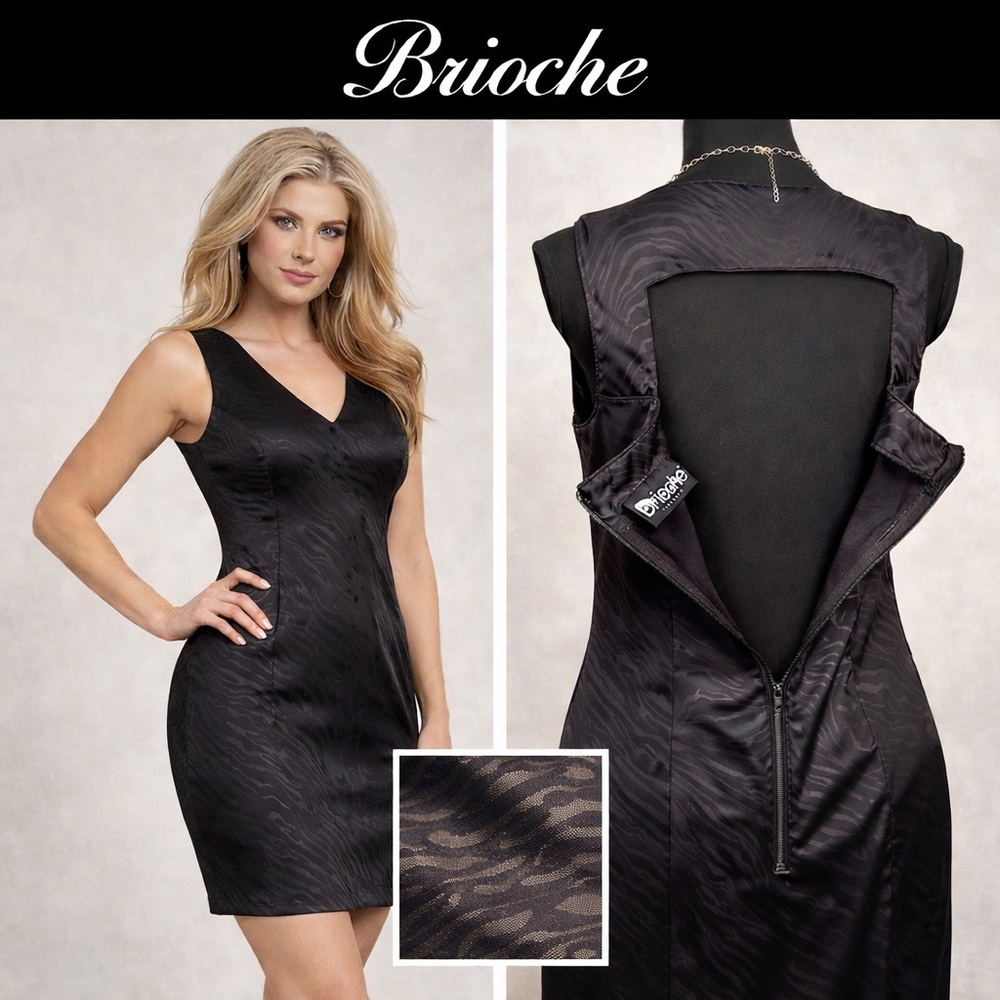 Brioche,Black Textured Cocktail Dress Open-Square Back Illusion Stretch, Size XS